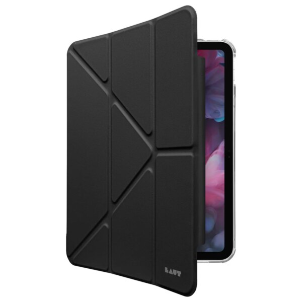 iPad with black LAUT HUEX folio case front facing with case slightly open